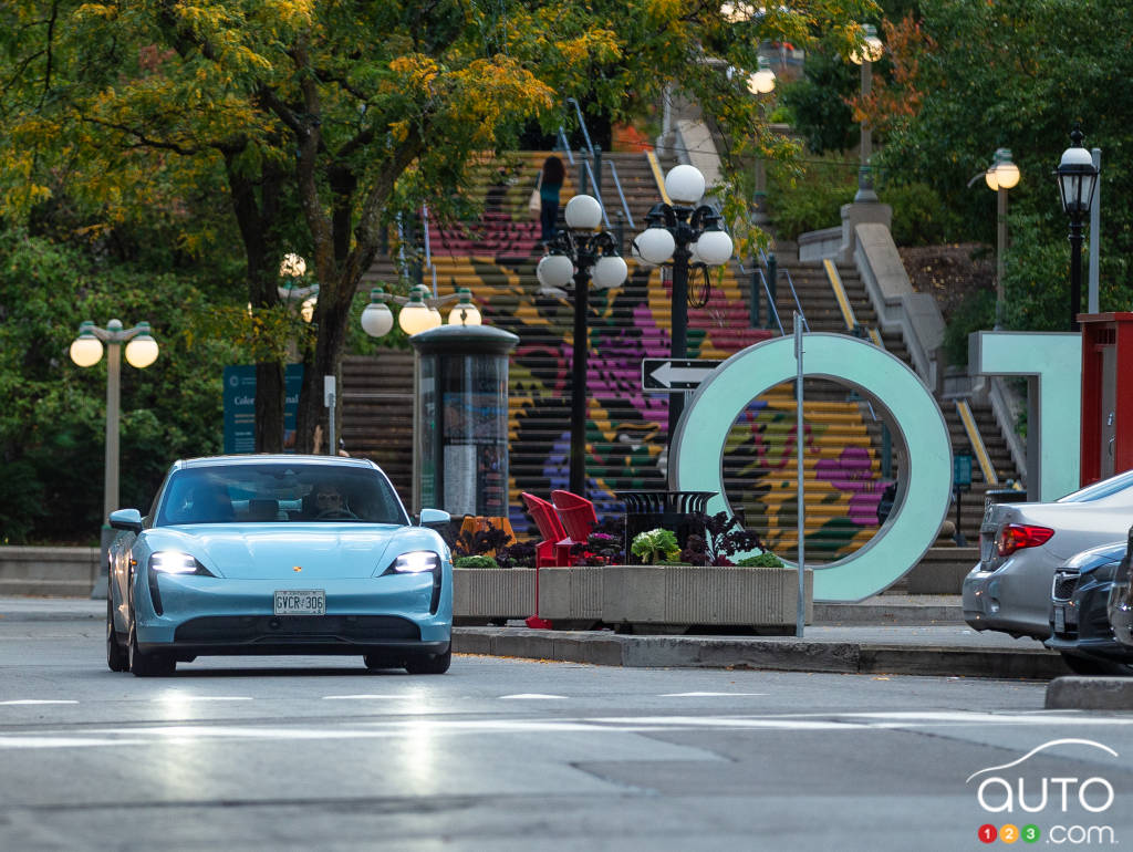 A Porsche Taycan on the streets of Ottawa